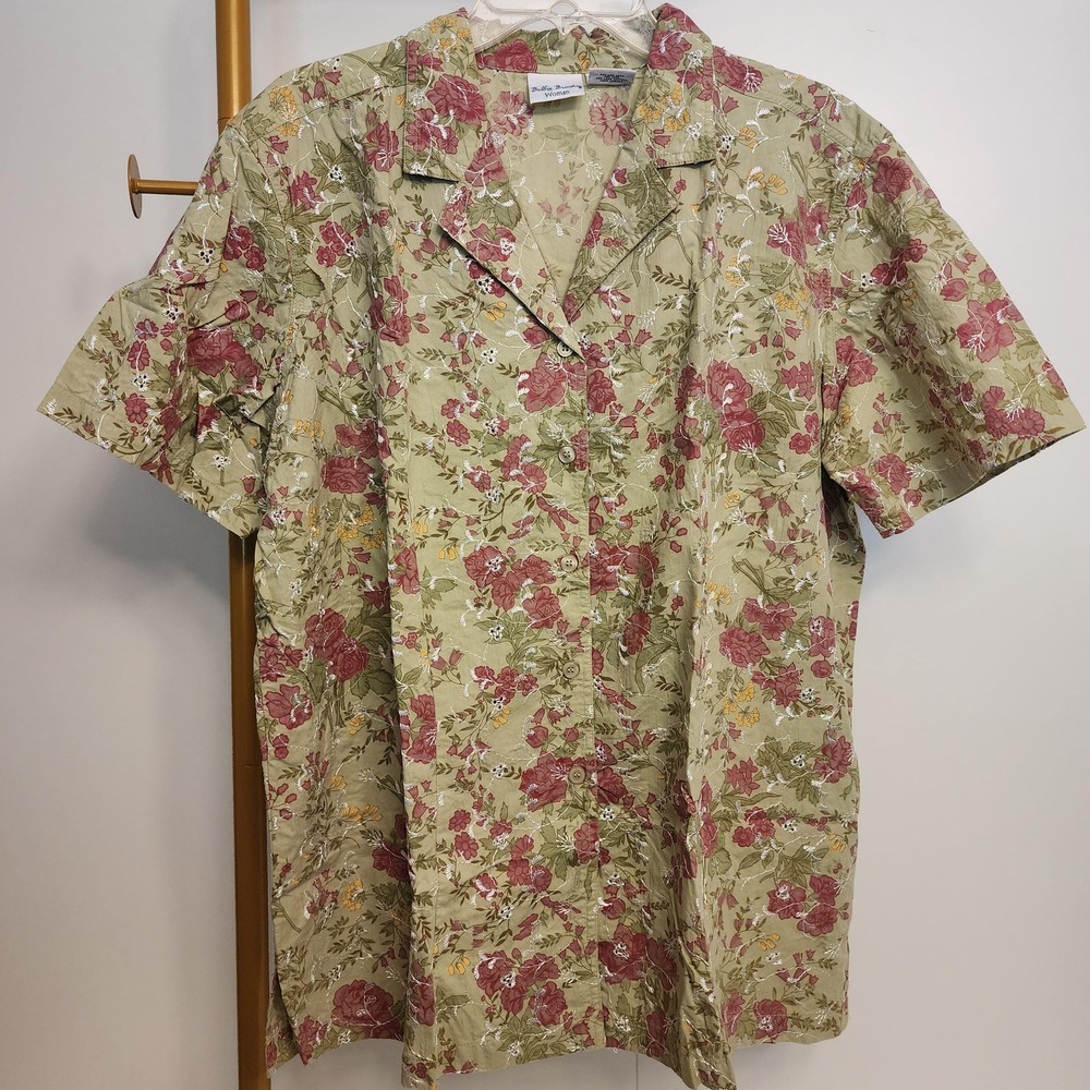 Bobbie Brooks Green Pink Floral Cotton Button Up Top Plus 2X 18W 20W Vintage 90s